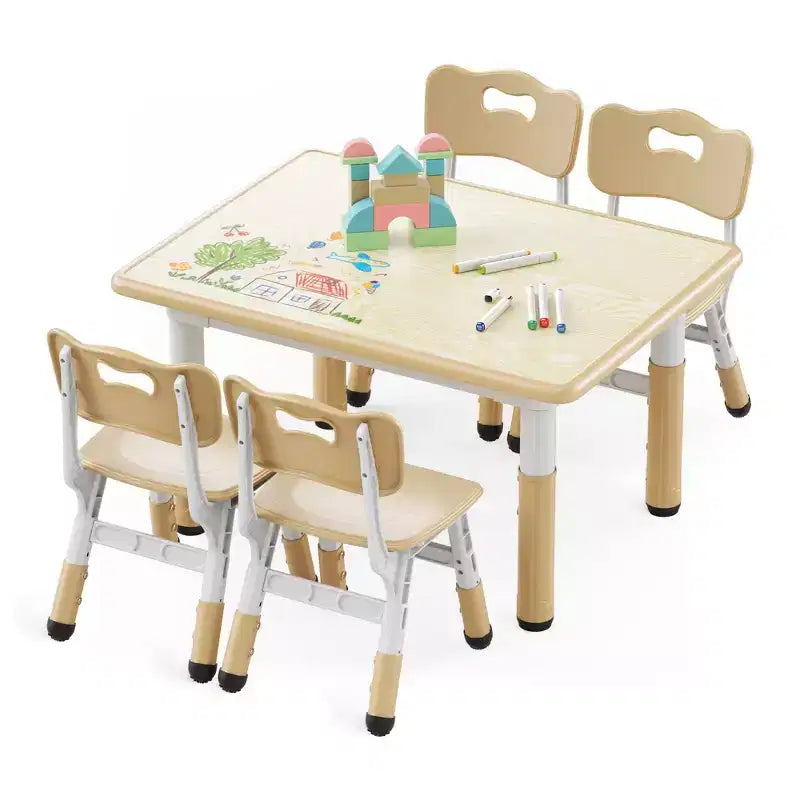 Ensemble table et 4 chaises Kinder King pour enfants, table d'activités à hauteur réglable, surface de dessin facile à nettoyer, pieds antidérapants, rectangulaire 80 cm