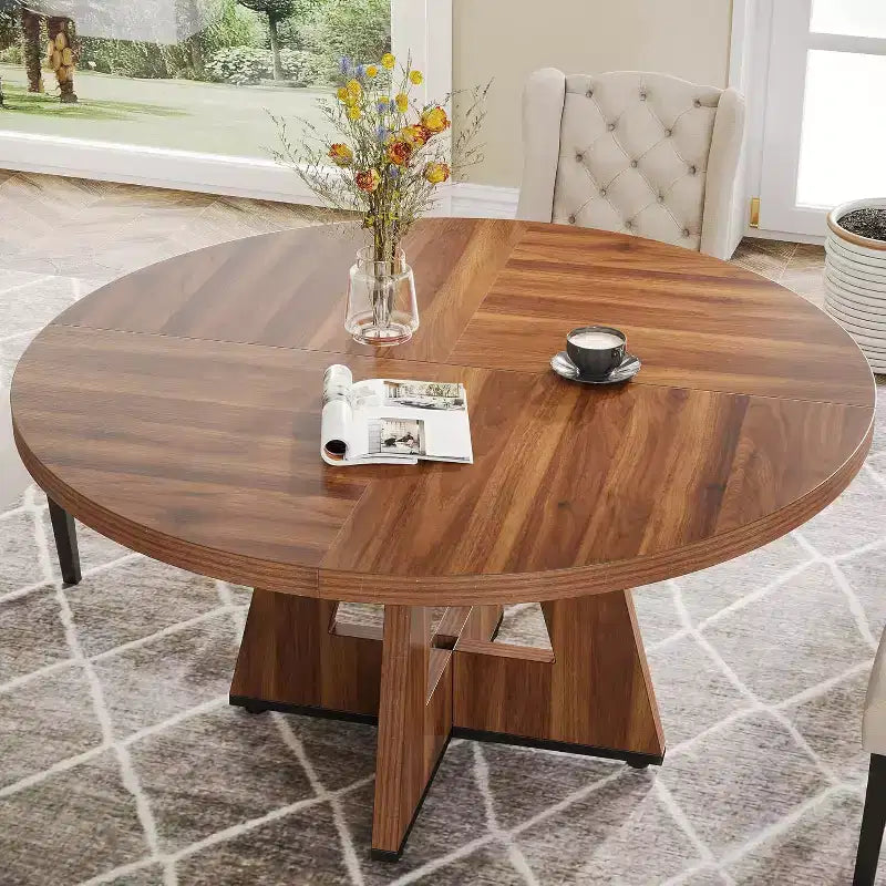 Table à manger ronde Lantine de 47 pouces pour 4 personnes, table de cuisine circulaire de style ferme avec base en bois pour cuisine, salle à manger, salon, marron