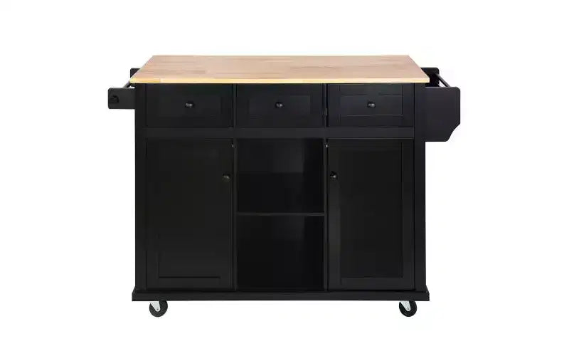 JVNOXK Desserte de cuisine à cinq roulettes avec plan de travail pliant en bois d'hévéa et étagères de rangement intérieures dans les portes d'armoires. Idéal pour les salles à manger. Noir