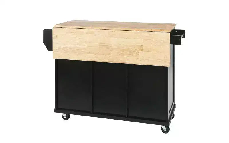 JVNOXK Desserte de cuisine à cinq roulettes avec plan de travail pliant en bois d'hévéa et étagères de rangement intérieures dans les portes d'armoires. Idéal pour les salles à manger. Noir