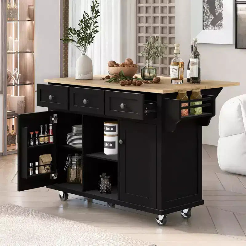 JVNOXK Desserte de cuisine à cinq roulettes avec plan de travail pliant en bois d'hévéa et étagères de rangement intérieures dans les portes d'armoires. Idéal pour les salles à manger. Noir