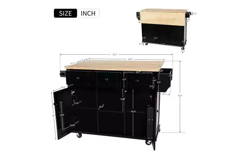 JVNOXK Desserte de cuisine à cinq roulettes avec plan de travail pliant en bois d'hévéa et étagères de rangement intérieures dans les portes d'armoires. Idéal pour les salles à manger. Noir