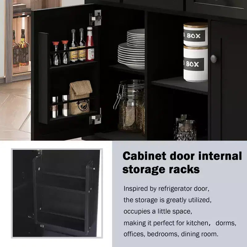 JVNOXK Desserte de cuisine à cinq roulettes avec plan de travail pliant en bois d'hévéa et étagères de rangement intérieures dans les portes d'armoires. Idéal pour les salles à manger. Noir