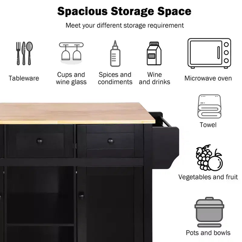 JVNOXK Desserte de cuisine à cinq roulettes avec plan de travail pliant en bois d'hévéa et étagères de rangement intérieures dans les portes d'armoires. Idéal pour les salles à manger. Noir