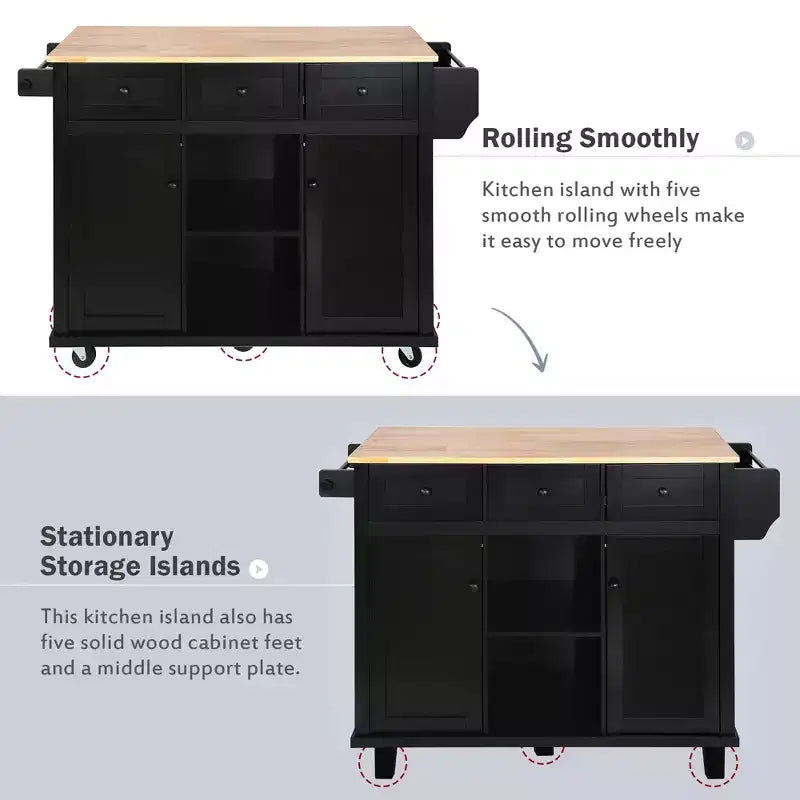 JVNOXK Desserte de cuisine à cinq roulettes avec plan de travail pliant en bois d'hévéa et étagères de rangement intérieures dans les portes d'armoires. Idéal pour les salles à manger. Noir