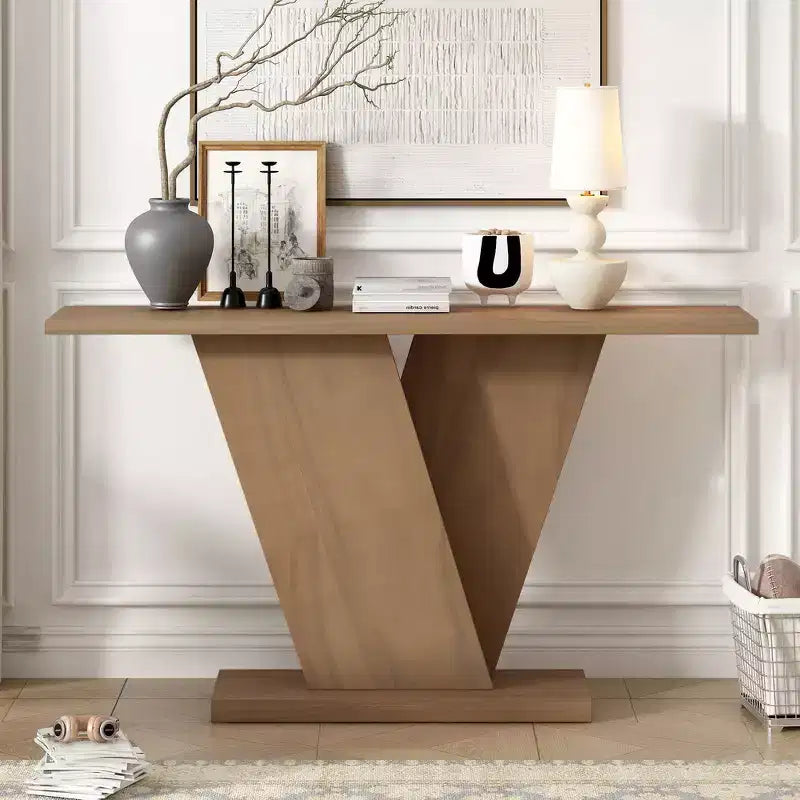 Table console d'entrée Whisen V-Base, table de couloir d'appoint, table de canapé mince avec placage en bois naturel, polyvalence classique