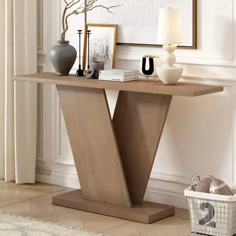 Table console d'entrée Whisen V-Base, table de couloir d'appoint, table de canapé mince avec placage en bois naturel, polyvalence classique