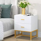 Table de chevet Lantine à 2 tiroirs, table de chevet moderne cannelée avec rangement, table d'appoint en bois pour chambre à coucher, salon, petits espaces, blanche