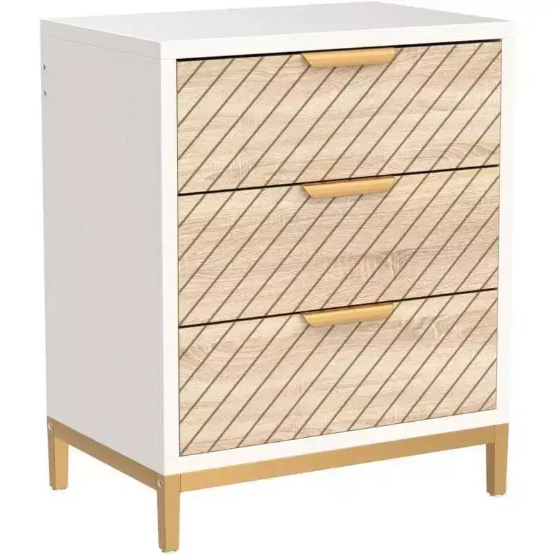 Lantine – Lot de 2 tables de chevet avec 3 tiroirs, blanc et or, veinage bois clair, tables de rangement pour chambre à coucher.