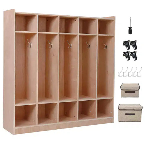 5-Section Wooden Kids Coat Locker Cubby with Hooks, Wheels & Storage Boxes | Daycare & Classroom Storage Solution for Toddlers