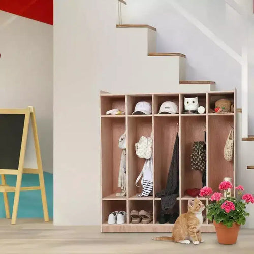 Vestiaire pour enfants en bois à 5 sections avec crochets, roulettes et bacs de rangement | Solution de rangement pour crèches et salles de classe pour tout-petits