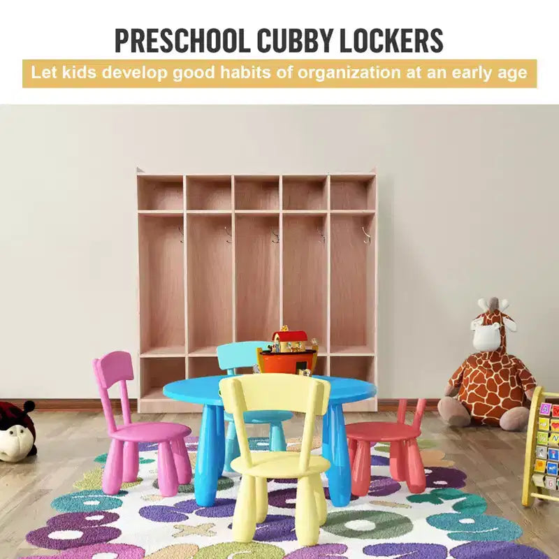 Vestiaire pour enfants en bois à 5 sections avec crochets, roulettes et bacs de rangement | Solution de rangement pour crèches et salles de classe pour tout-petits