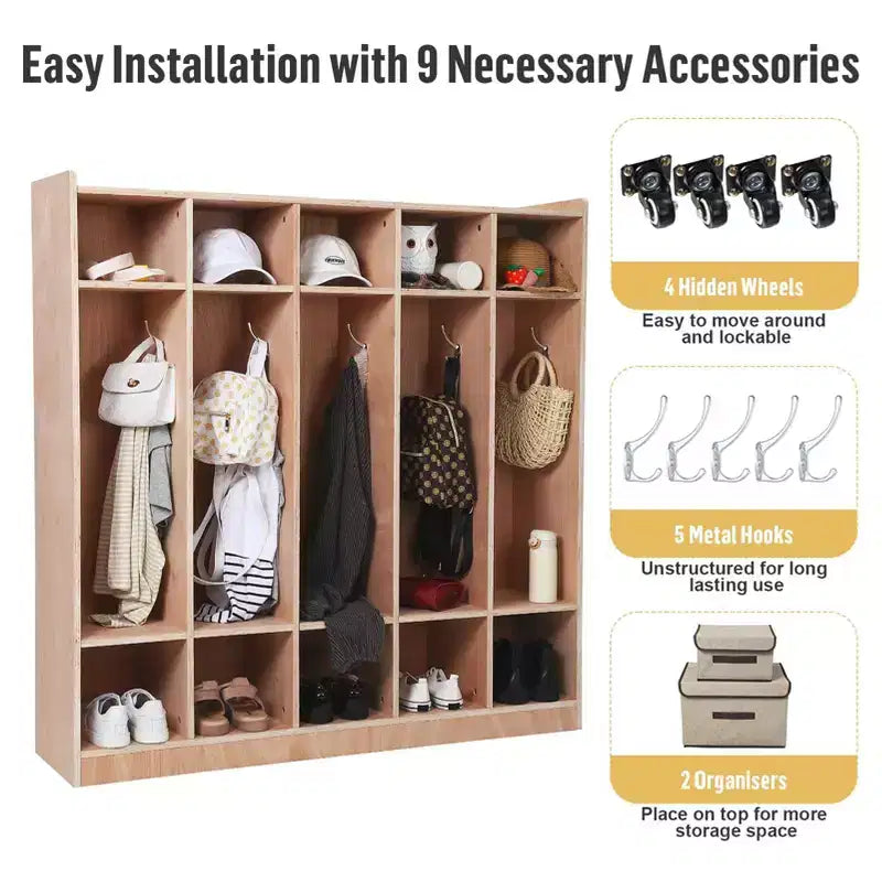 Vestiaire pour enfants en bois à 5 sections avec crochets, roulettes et bacs de rangement | Solution de rangement pour crèches et salles de classe pour tout-petits