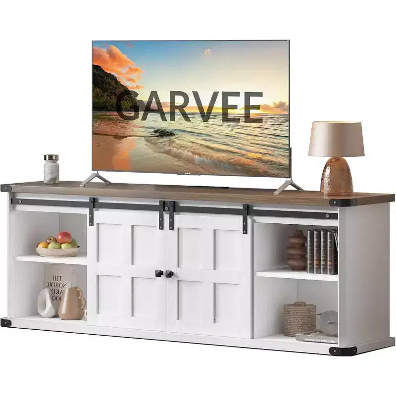 Meuble TV de ferme GustoWave 70 pour téléviseurs de 70 à 80 pouces, meuble de divertissement rustique avec portes coulissantes de grange, armoires de rangement
