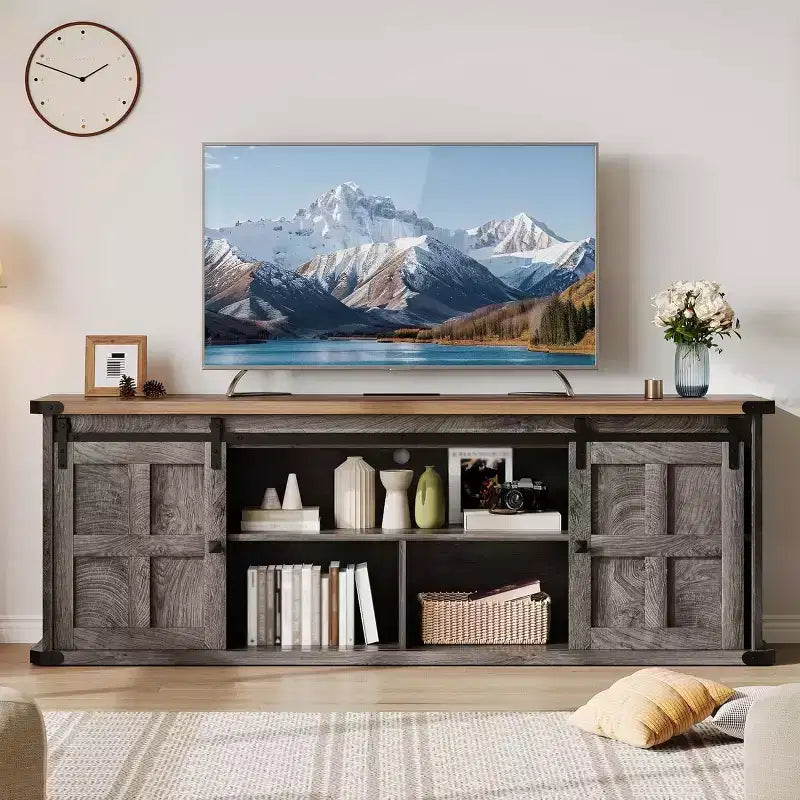 Meuble TV de ferme GustoWave 70 pour téléviseurs de 70 à 80 pouces, meuble de divertissement rustique avec portes coulissantes de grange, armoires de rangement