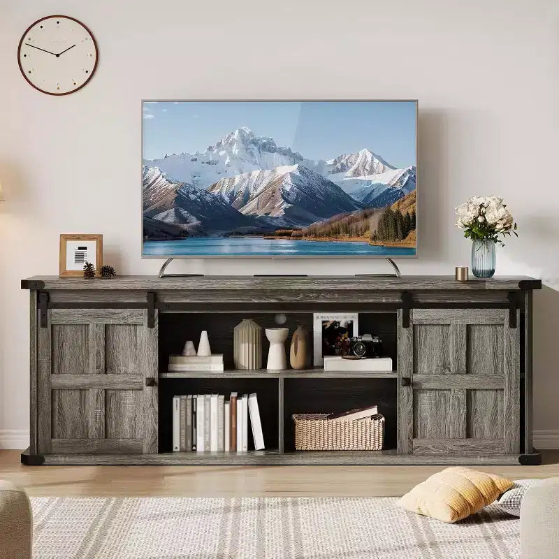 Meuble TV de ferme GustoWave 70 pour téléviseurs de 70 à 80 pouces, meuble de divertissement rustique avec portes coulissantes de grange, armoires de rangement