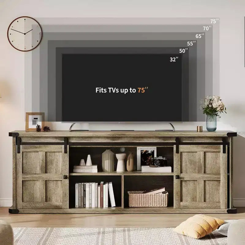 Meuble TV de ferme GustoWave 70 pour téléviseurs de 70 à 80 pouces, meuble de divertissement rustique avec portes coulissantes de grange, armoires de rangement