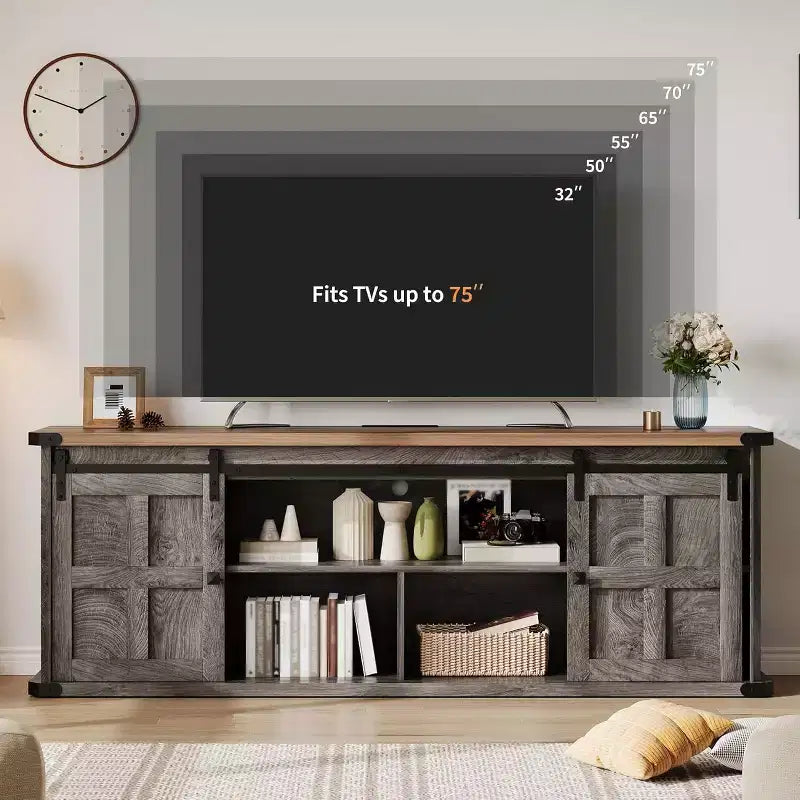 Meuble TV de ferme GustoWave 70 pour téléviseurs de 70 à 80 pouces, meuble de divertissement rustique avec portes coulissantes de grange, armoires de rangement