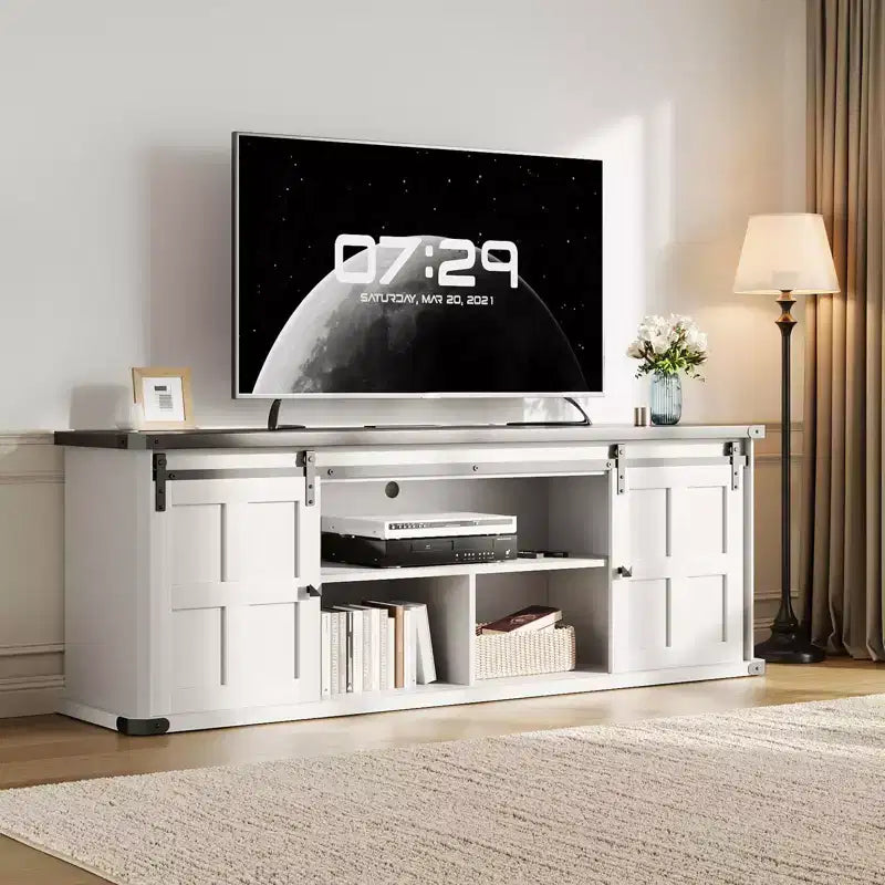 Meuble TV de ferme GustoWave 70 pour téléviseurs de 70 à 80 pouces, meuble de divertissement rustique avec portes coulissantes de grange, armoires de rangement