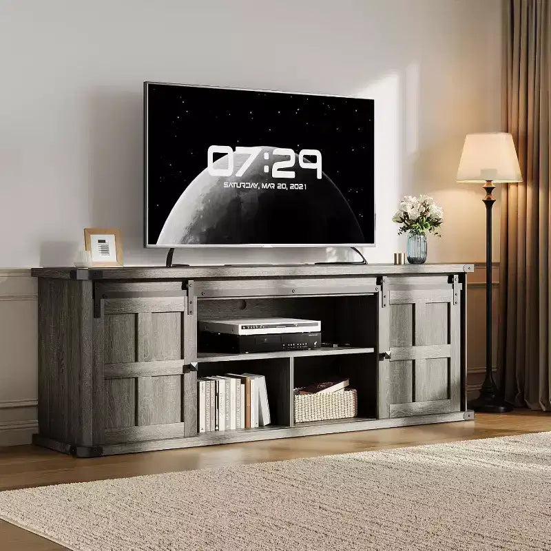Meuble TV de ferme GustoWave 70 pour téléviseurs de 70 à 80 pouces, meuble de divertissement rustique avec portes coulissantes de grange, armoires de rangement