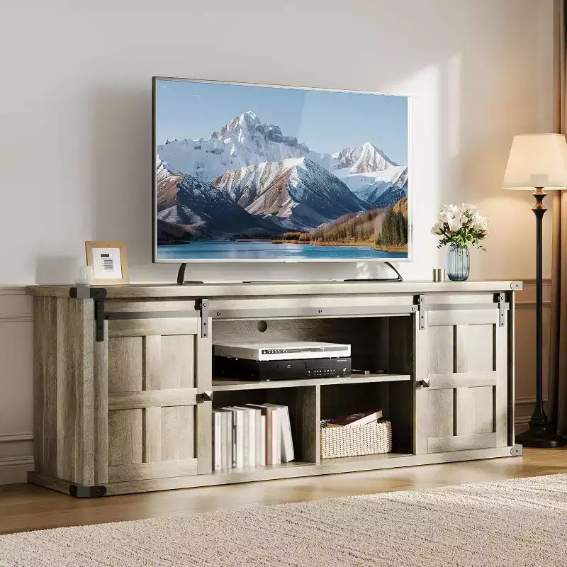 Meuble TV de ferme GustoWave 70 pour téléviseurs de 70 à 80 pouces, meuble de divertissement rustique avec portes coulissantes de grange, armoires de rangement