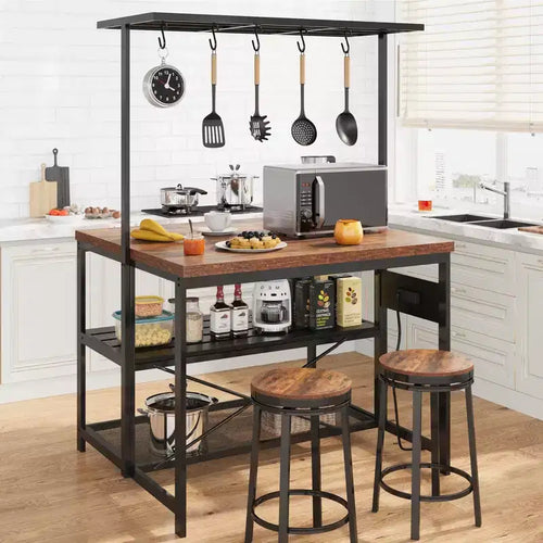 47 Kitchen Island with Storage - Multifunctional Prep Table with 3-Tier Shelves, Bakers Rack & 5 Hooks, Coffee Station for Kitchen Organization
