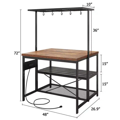 47 Îlot de cuisine avec rangement – Table de préparation multifonctionnelle avec étagères à 3 niveaux, étagère à boulanger et 5 crochets, Station à café pour l'organisation de la cuisine