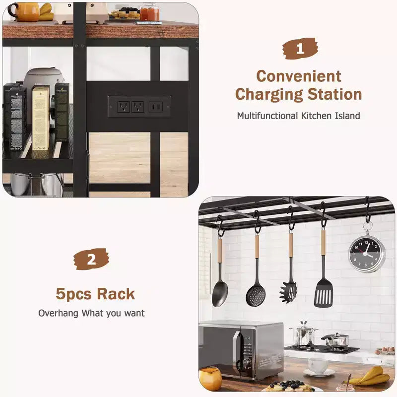 47 Îlot de cuisine avec rangement – Table de préparation multifonctionnelle avec étagères à 3 niveaux, étagère à boulanger et 5 crochets, Station à café pour l'organisation de la cuisine