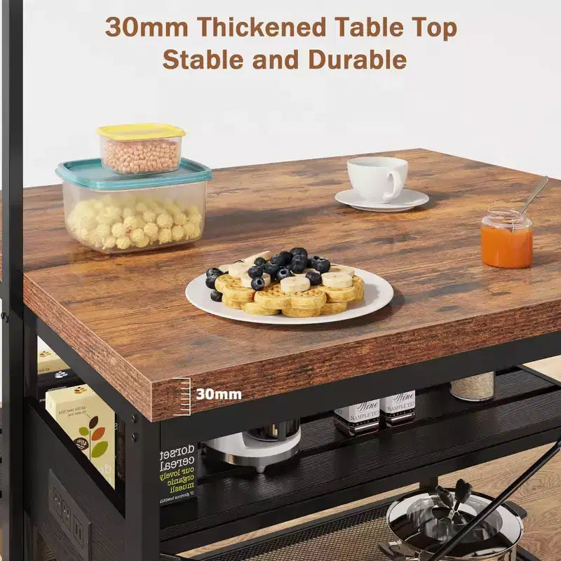 47 Îlot de cuisine avec rangement – Table de préparation multifonctionnelle avec étagères à 3 niveaux, étagère à boulanger et 5 crochets, Station à café pour l'organisation de la cuisine