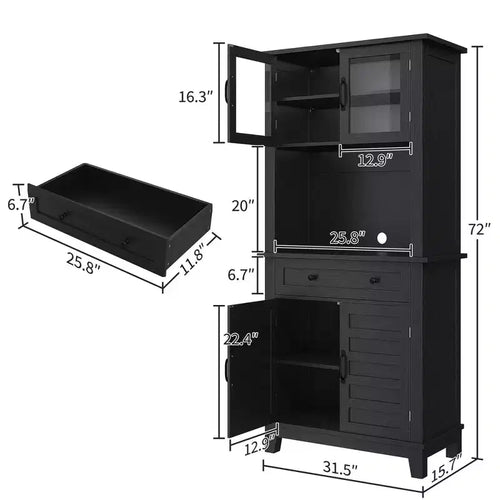 72 Meuble de cuisine et de bar avec support pour micro-ondes - Grande huche avec portes vitrées et tiroirs pour salon, salle à manger
