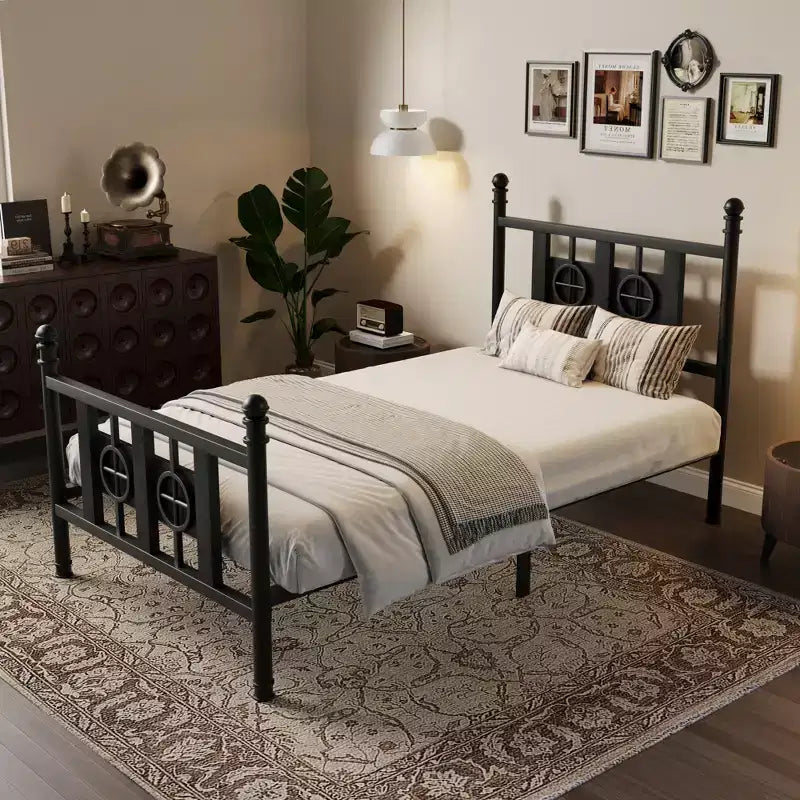 Cadre de lit en métal COZONY avec tête et pied de lit, design circulaire vintage, sans bruit, rangement sous le lit, pas besoin de sommier tapissier