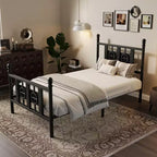 Cadre de lit en métal COZONY avec tête et pied de lit, design circulaire vintage, sans bruit, rangement sous le lit, pas besoin de sommier tapissier
