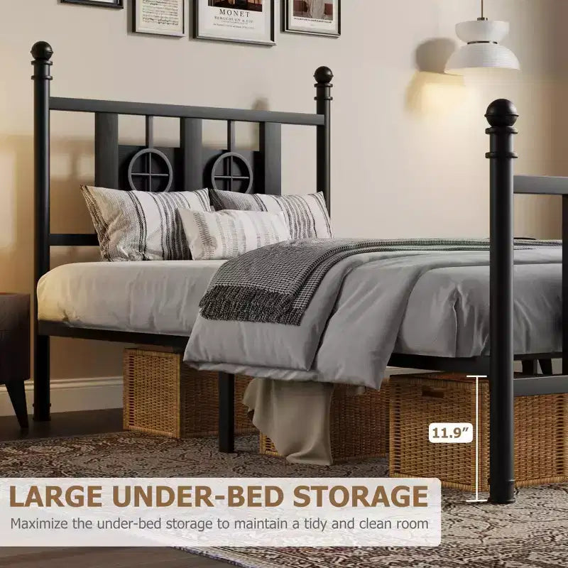 Cadre de lit en métal COZONY avec tête et pied de lit, design circulaire vintage, sans bruit, rangement sous le lit, pas besoin de sommier tapissier