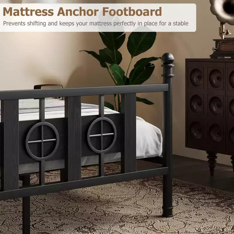 Cadre de lit en métal COZONY avec tête et pied de lit, design circulaire vintage, sans bruit, rangement sous le lit, pas besoin de sommier tapissier