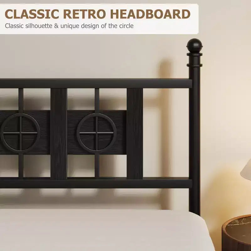 Cadre de lit en métal COZONY avec tête et pied de lit, design circulaire vintage, sans bruit, rangement sous le lit, pas besoin de sommier tapissier