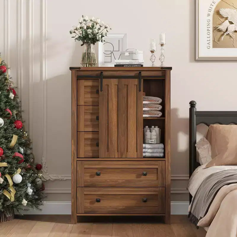 Commode 5 tiroirs de style campagnard, buffet de rangement en bois de 48 po avec porte coulissante de style grange et étagère réglable pour chambre à coucher, salon, couloir