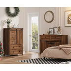 Commode 5 tiroirs de style campagnard, buffet de rangement en bois de 48 po avec porte coulissante de style grange et étagère réglable pour chambre à coucher, salon, couloir