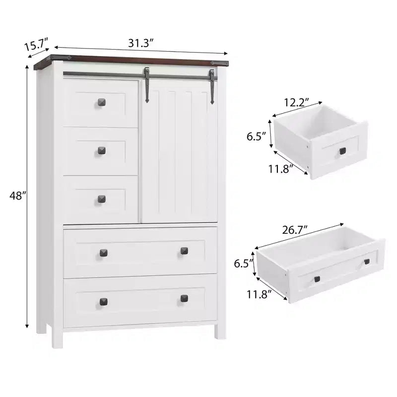 Commode 5 tiroirs de style campagnard, buffet de rangement en bois de 48 po avec porte coulissante de style grange et étagère réglable pour chambre à coucher, salon, couloir