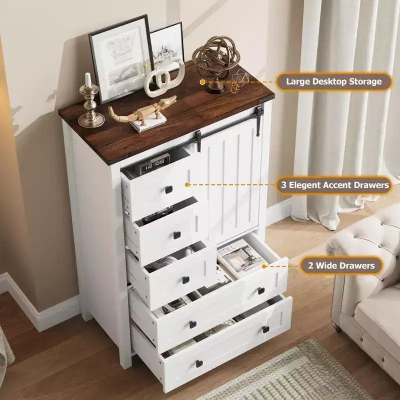 Commode 5 tiroirs de style campagnard, buffet de rangement en bois de 48 po avec porte coulissante de style grange et étagère réglable pour chambre à coucher, salon, couloir