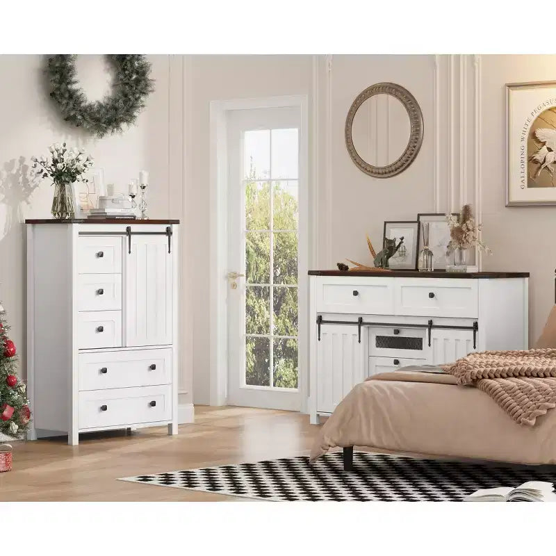 Commode 5 tiroirs de style campagnard, buffet de rangement en bois de 48 po avec porte coulissante de style grange et étagère réglable pour chambre à coucher, salon, couloir
