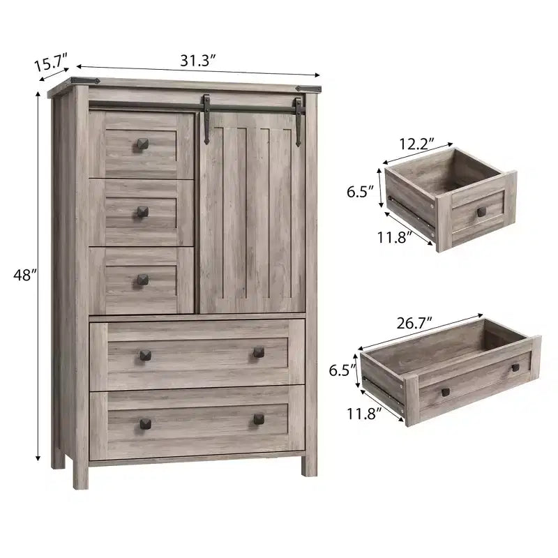 Commode 5 tiroirs de style campagnard, buffet de rangement en bois de 48 po avec porte coulissante de style grange et étagère réglable pour chambre à coucher, salon, couloir