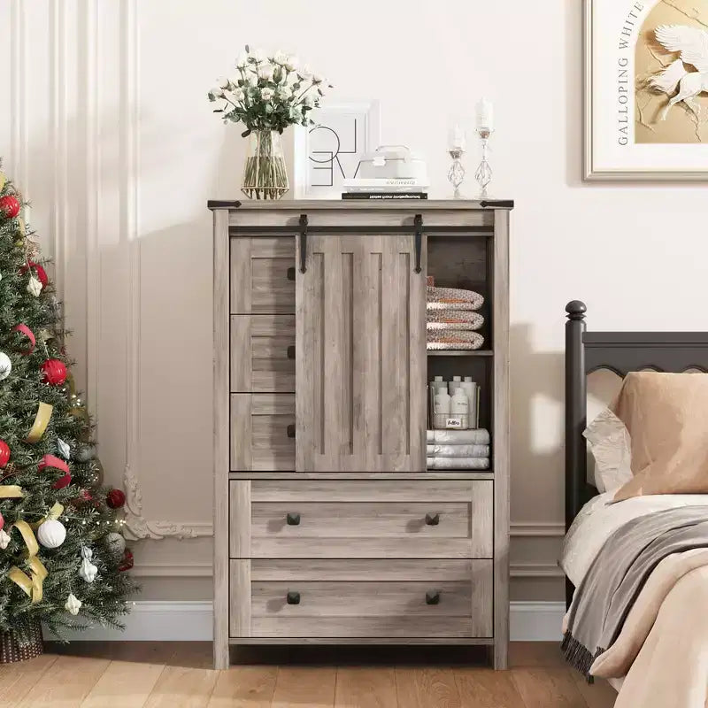 Commode 5 tiroirs de style campagnard, buffet de rangement en bois de 48 po avec porte coulissante de style grange et étagère réglable pour chambre à coucher, salon, couloir