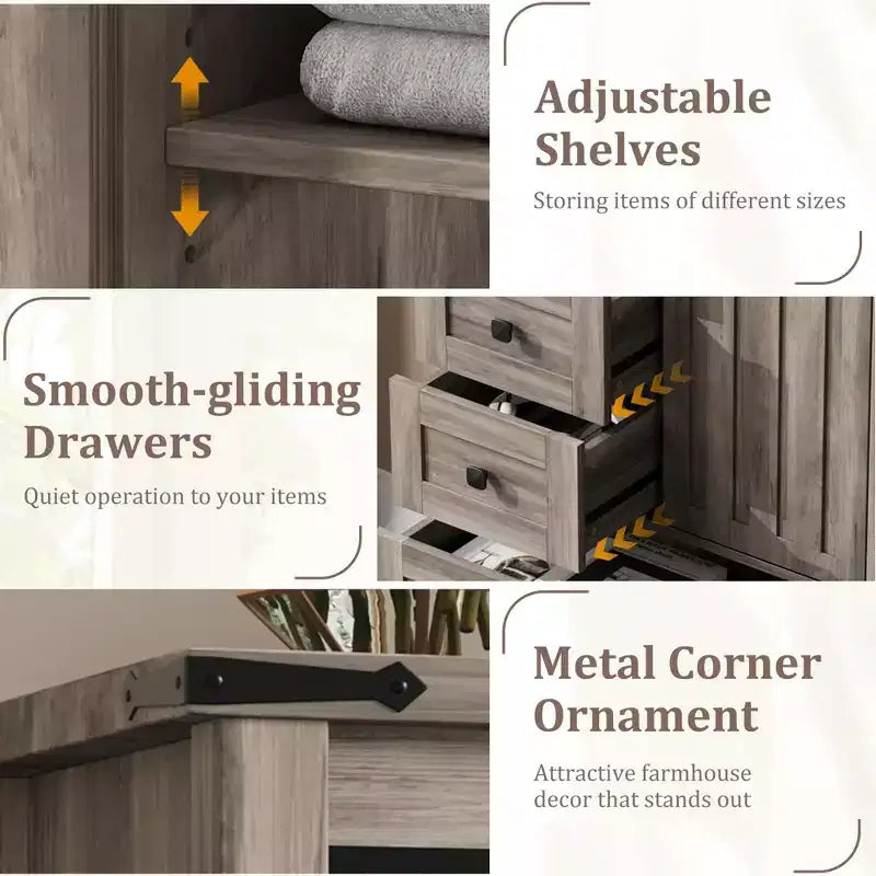 Commode 5 tiroirs de style campagnard, buffet de rangement en bois de 48 po avec porte coulissante de style grange et étagère réglable pour chambre à coucher, salon, couloir