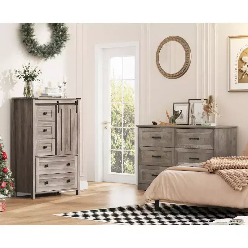 Commode 5 tiroirs de style campagnard, buffet de rangement en bois de 48 po avec porte coulissante de style grange et étagère réglable pour chambre à coucher, salon, couloir