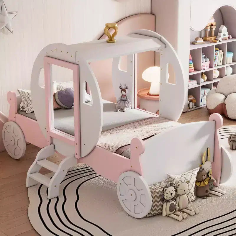 MAYEERTY Twin Size Princess Carriage Bed with Crown Wood Platform Car Bed with Stair for Bedroom White Pink