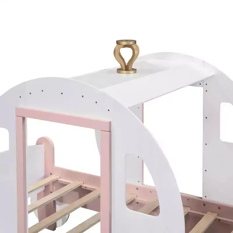 Lit de princesse MAYEERTY en forme de carrosse avec couronne, lit de voiture plateforme en bois avec escalier pour chambre à coucher, blanc rose