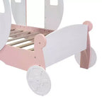 Lit de princesse MAYEERTY en forme de carrosse avec couronne, lit de voiture plateforme en bois avec escalier pour chambre à coucher, blanc rose