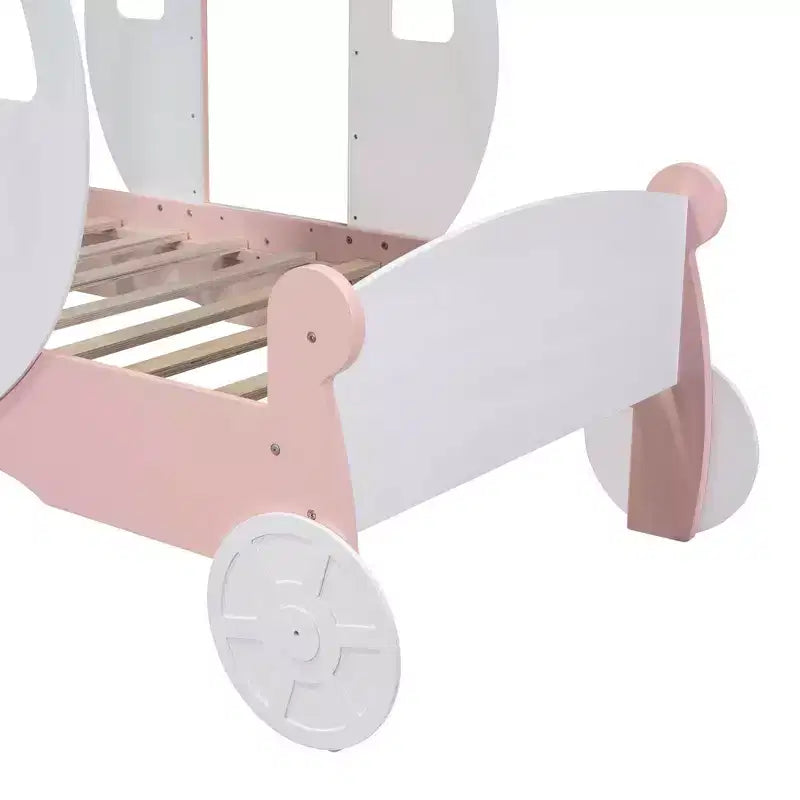 Lit de princesse MAYEERTY en forme de carrosse avec couronne, lit de voiture plateforme en bois avec escalier pour chambre à coucher, blanc rose