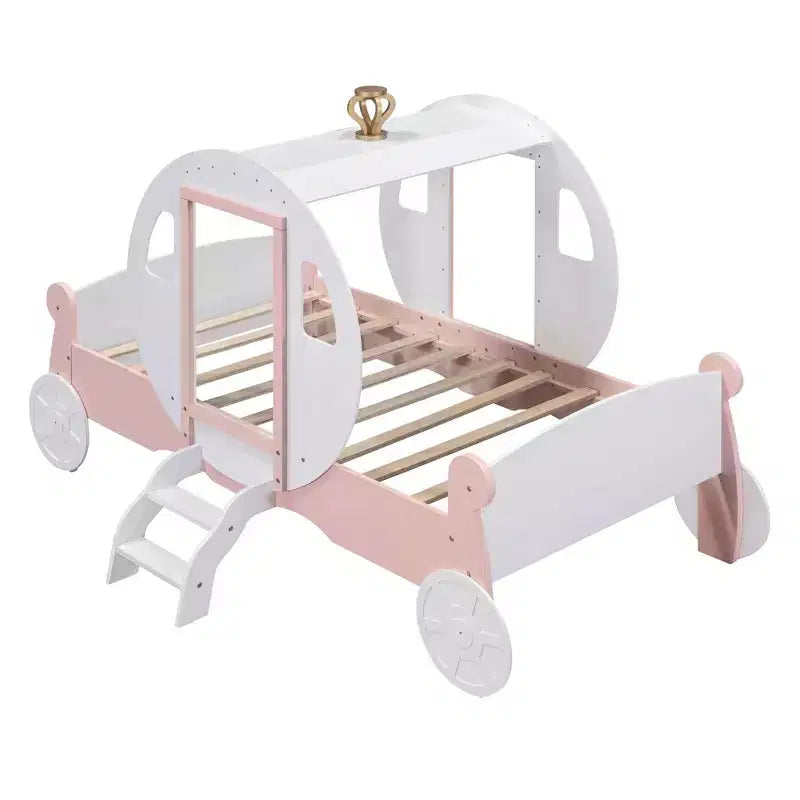 Lit de princesse MAYEERTY en forme de carrosse avec couronne, lit de voiture plateforme en bois avec escalier pour chambre à coucher, blanc rose