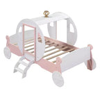 Lit de princesse MAYEERTY en forme de carrosse avec couronne, lit de voiture plateforme en bois avec escalier pour chambre à coucher, blanc rose